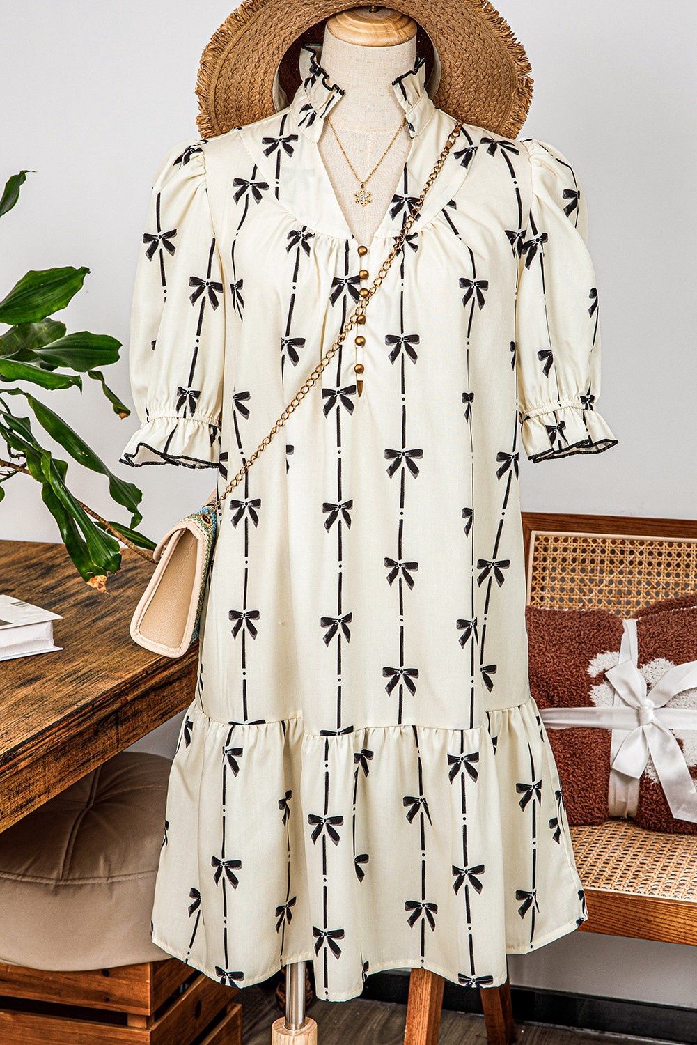 Bowknot Printed Bubble Sleeve Mini Dress, Size: Small