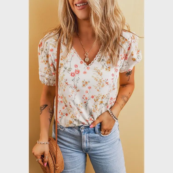 Boho Floral Lace Trim Blouse, Size: Small