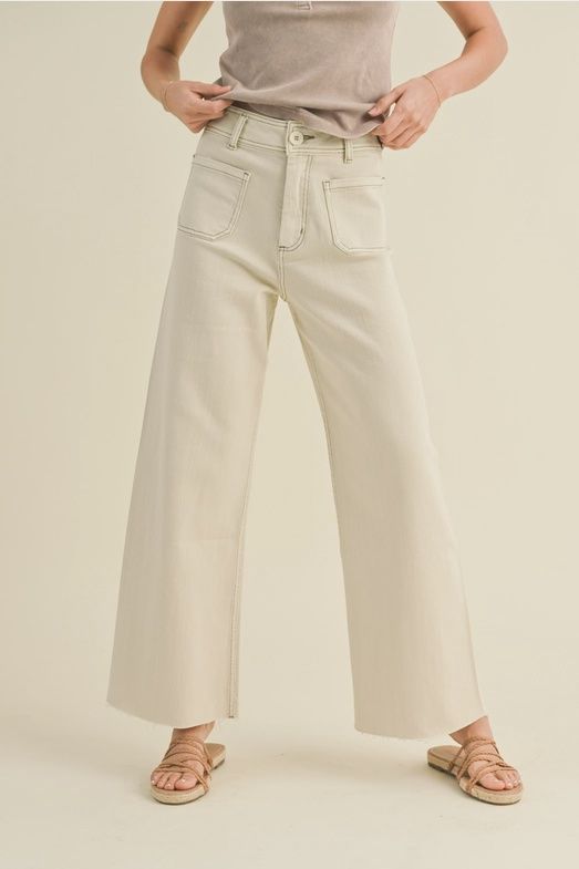Straight Wide Leg  Pants w/ Front Pockets, Colour: Washed Beige, Size: Small
