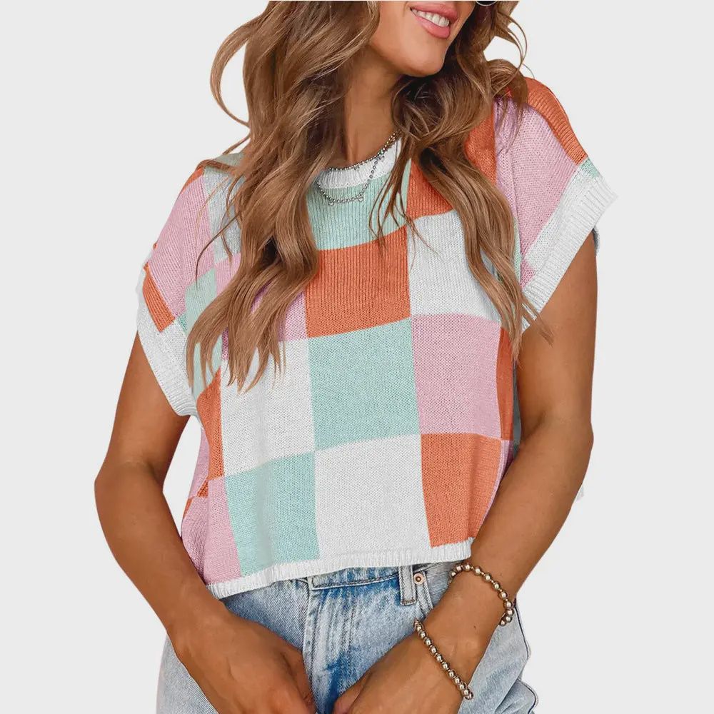 Colorblock Cap Sleeve Knit Sweater Vest, Colour: Orange, Size: Small