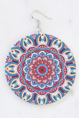 Mandala Print Boho Wooden Drop Earrings