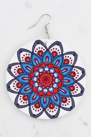 Mandala Print Boho Wooden Drop Earrings, Colour: Blue