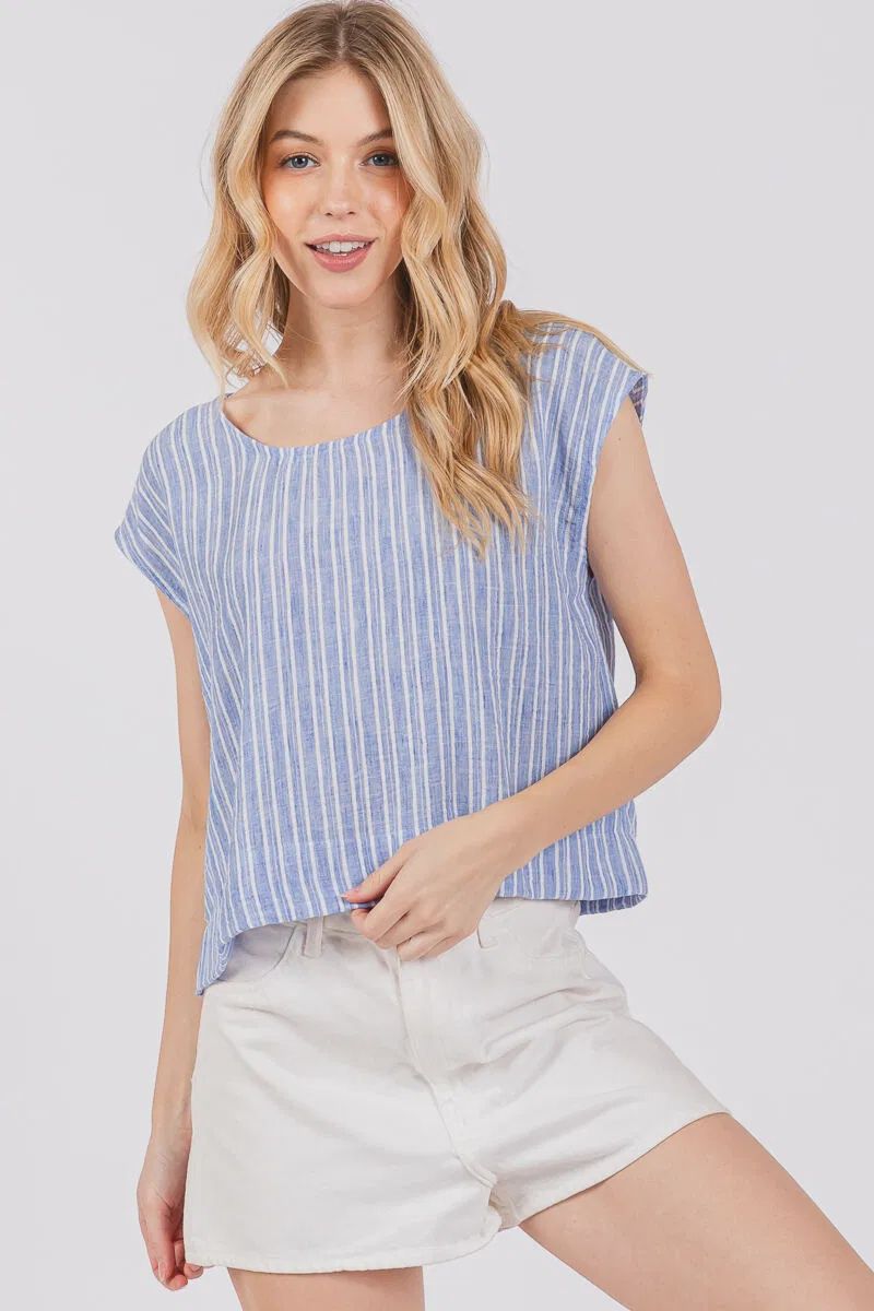 French Blue Woven Boxy Top, Size: Small