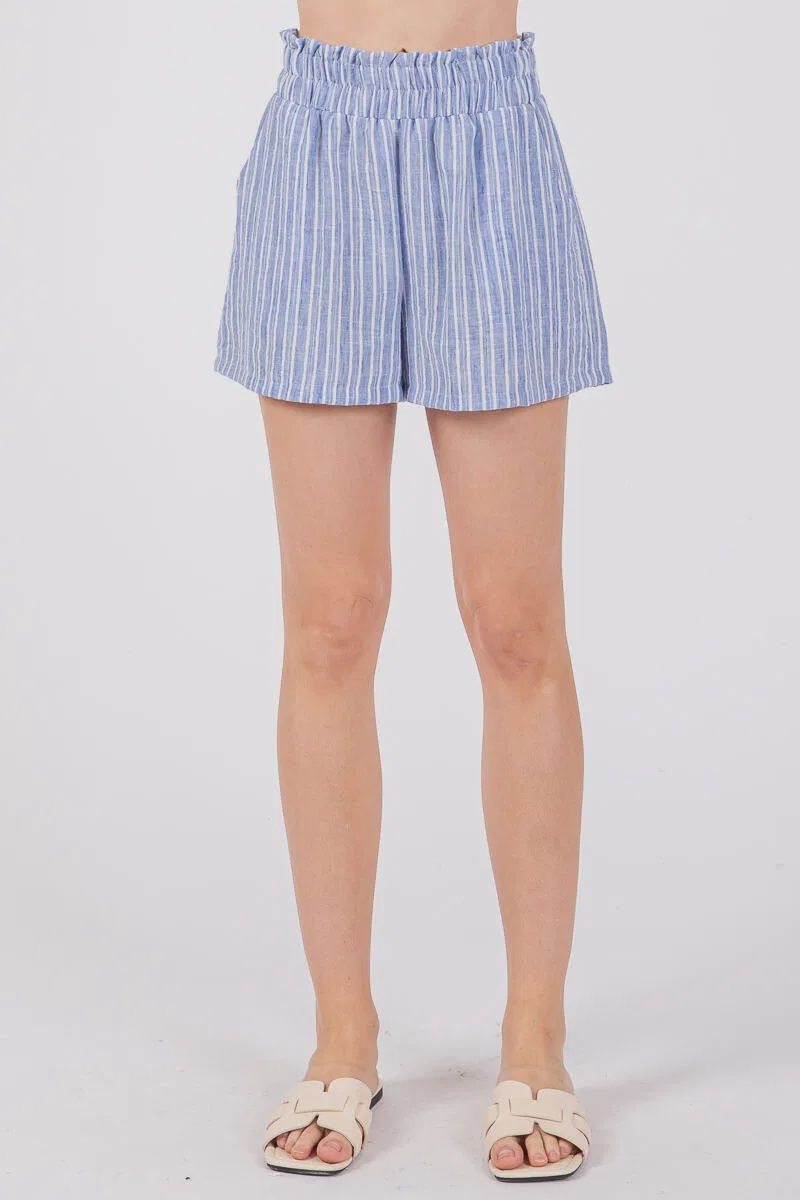 French Blue Striped Ruffled Waist Shorts, Size: Small