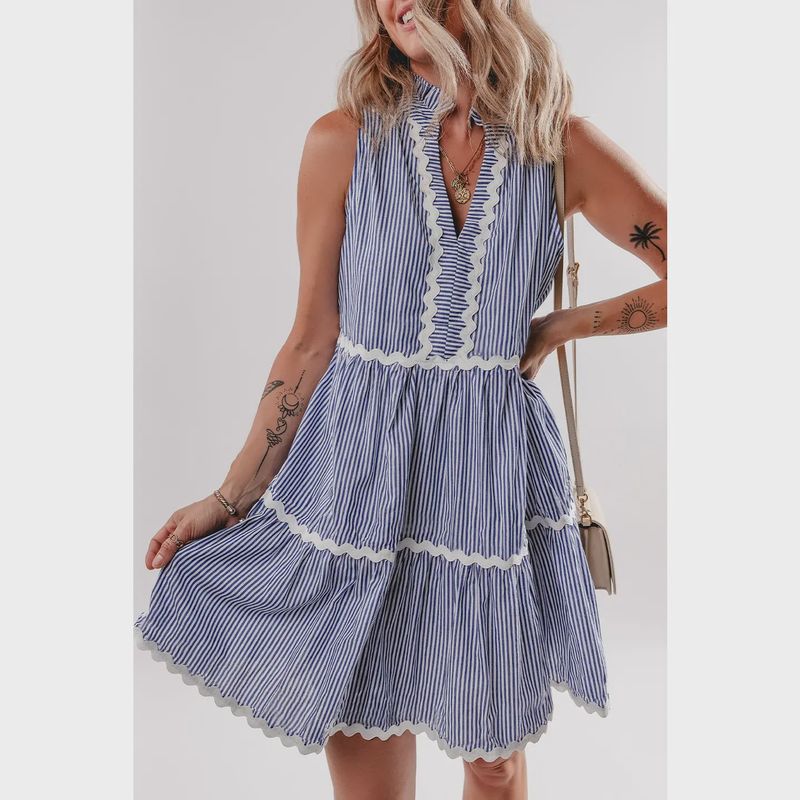 Striped Ric-Rac Trim Sleeveless Dress