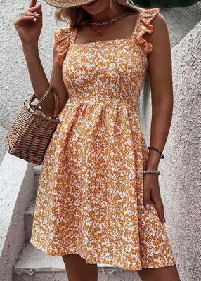 Mustard Square Neck Floral Print Dress