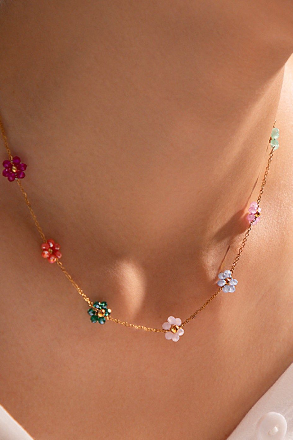 18K Non-Tarnish Beaded Flower Necklace