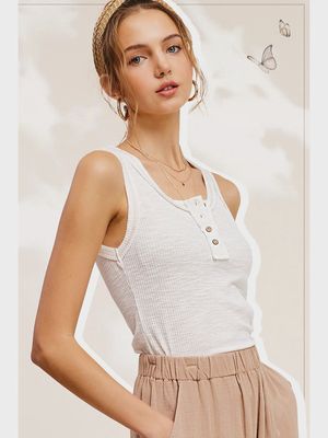 Ribbed Stiched Detail Henley Tank Top