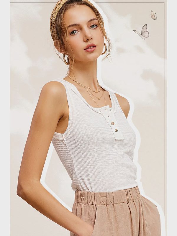 Ribbed Stiched Detail Henley Tank Top