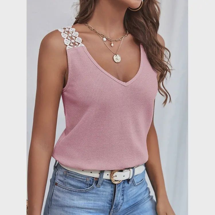 Waffle Knit Sleeveless V-Neck Top