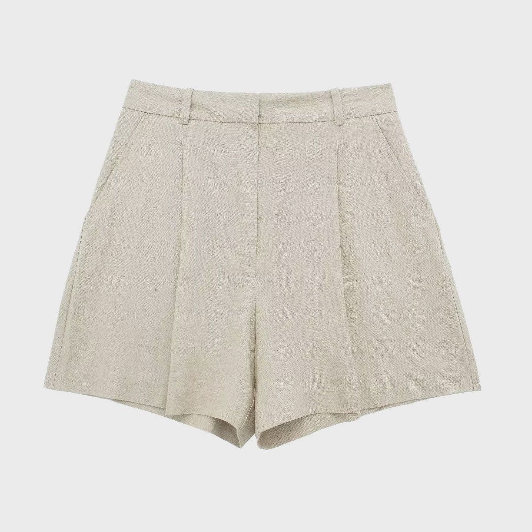Linen Pleated Shorts, Colour: Light Beige, Size: Small