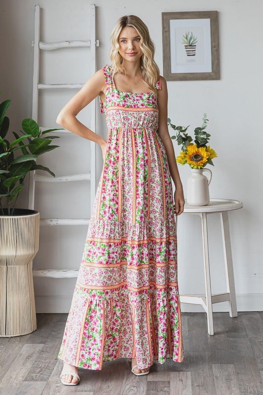 Floral Tiered Bow Tie Strap Maxi Dress