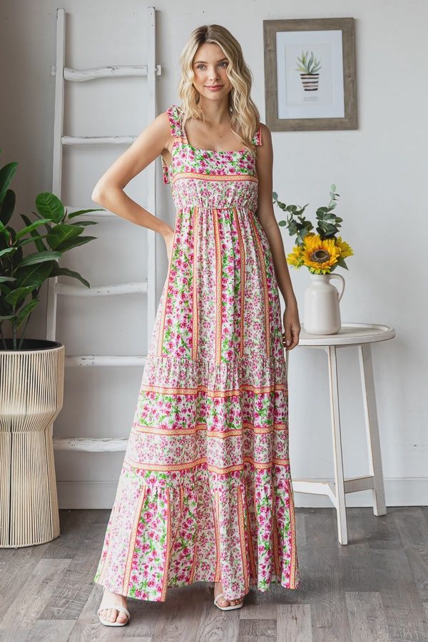 Floral Tiered Bow Tie Strap Maxi Dress, Size: Small