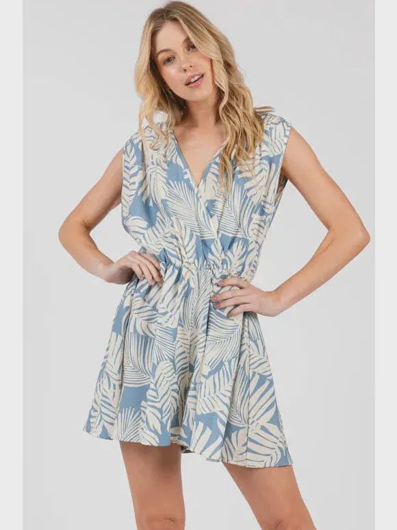 Palm Tie-Back Romper, Size: Small, Colour: Blue/Ivory