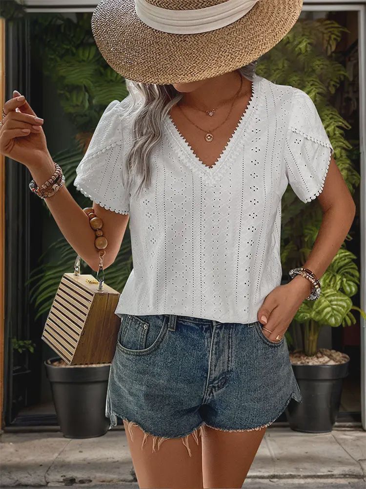 Sweet but Sassy Eyelet V-Neck Top, Size: Small