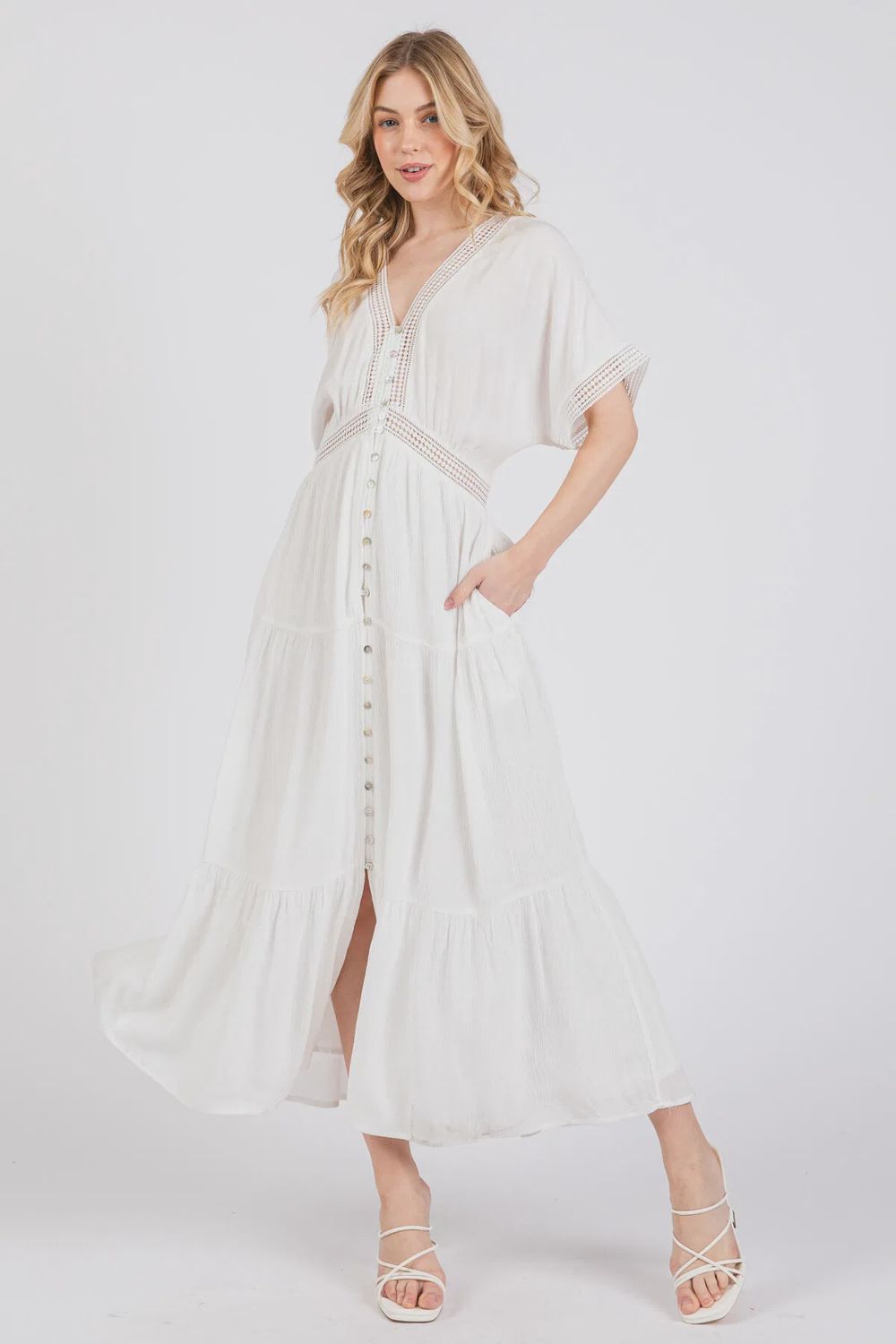 White Breezy Button-Up Midi Dress, Size: Small