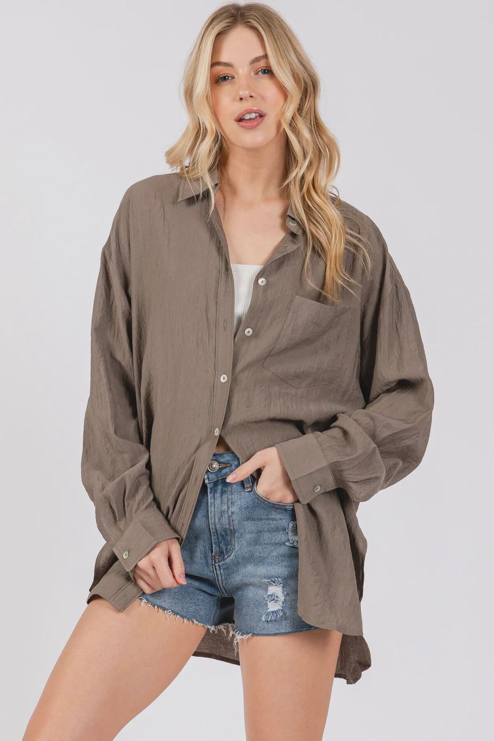 Effortlessly Oversized Button-Up Shirt, Colour: Mocha, Size: Small