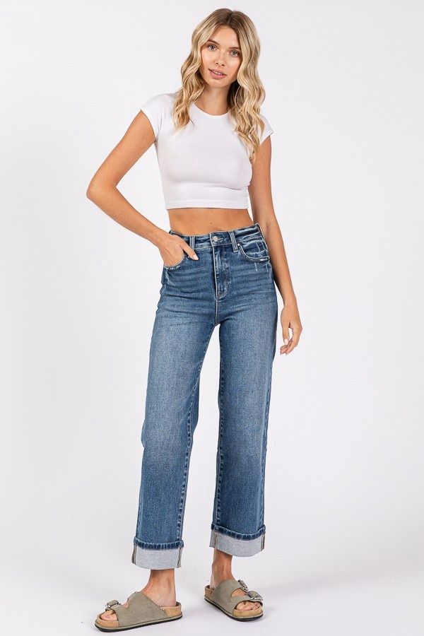 Petra HR Stretch Relaxed Straight Jeans with Cuffed Hem, Size: 1