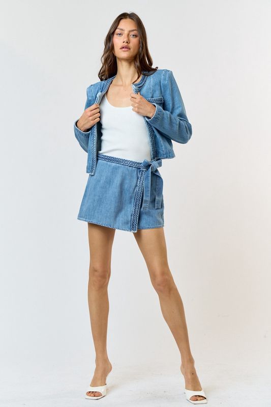 Braided Waist Denim Wrap Skort