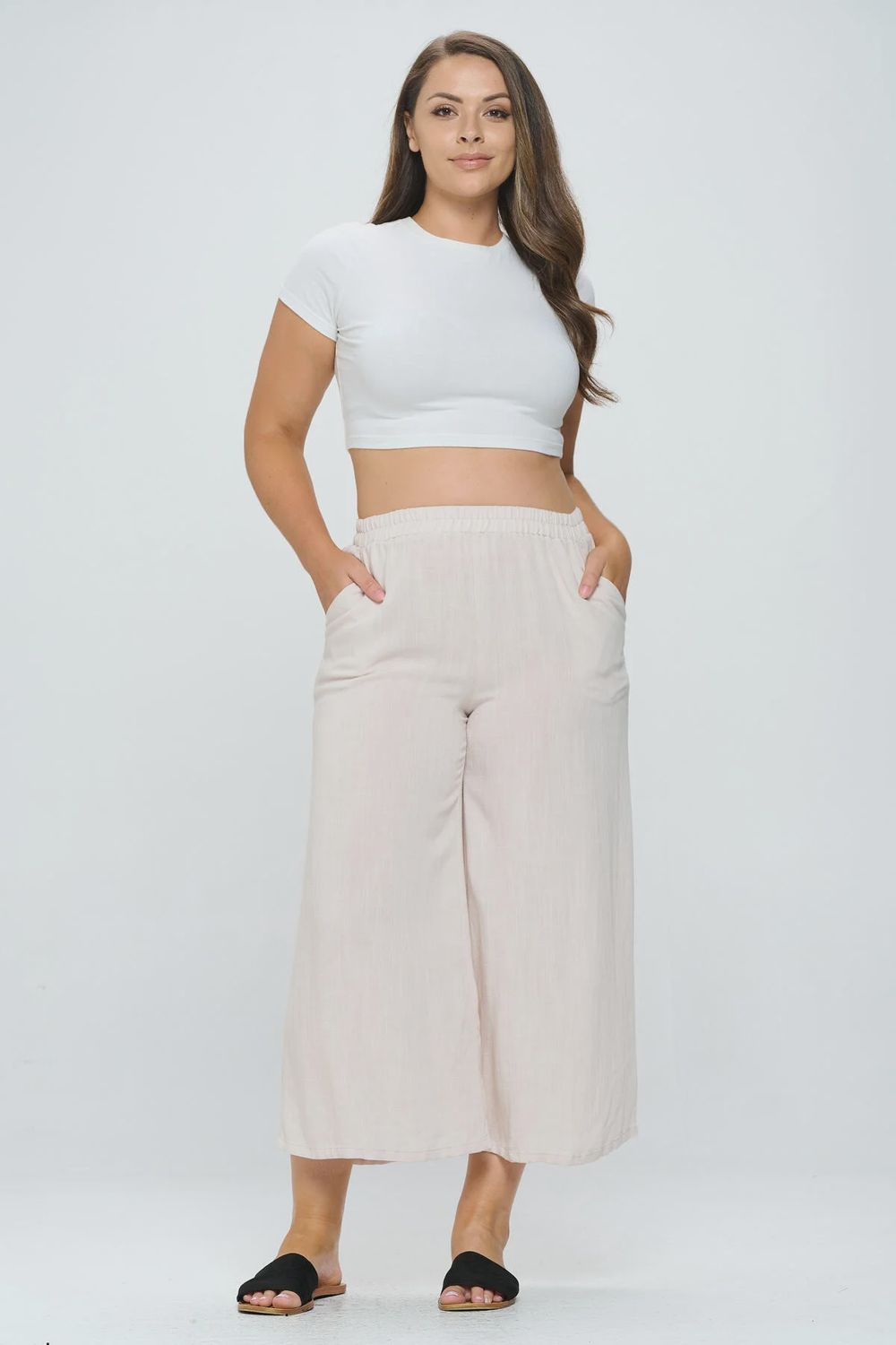Effortless Elegance Plus Size Wide-Leg Woven Pants, Colour: Natural, Size: 1X