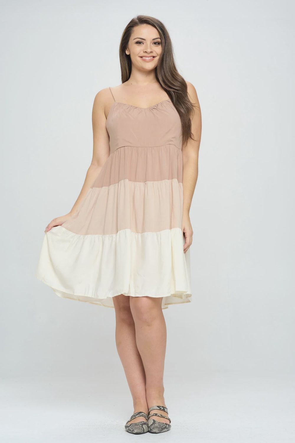 Boho Breeze Plus Size Color Block Mini Dress with Tassel Tie Straps, Colour: Taupe, Size: 1X