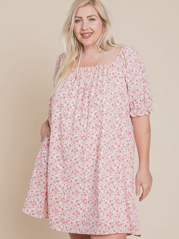 Plus Size Pink Floral Square Neck Mini Dress, Size: 1X