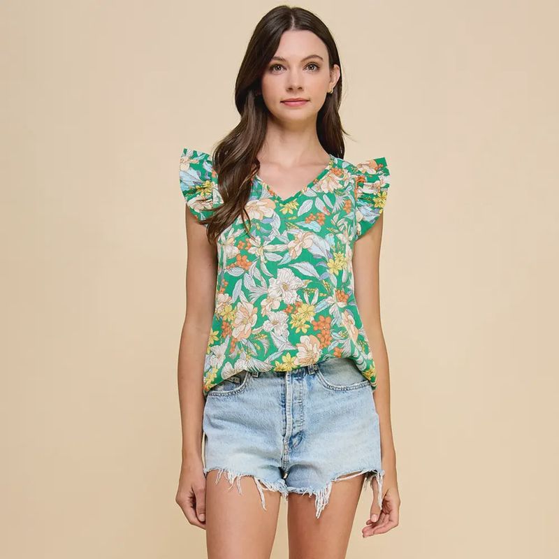 Green with Style – Floral V-Neck Top