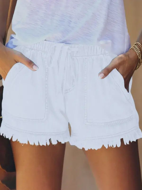 Sunkissed &amp; Fringed – High-Waisted Denim Shorts, Colour: White, Size: Small