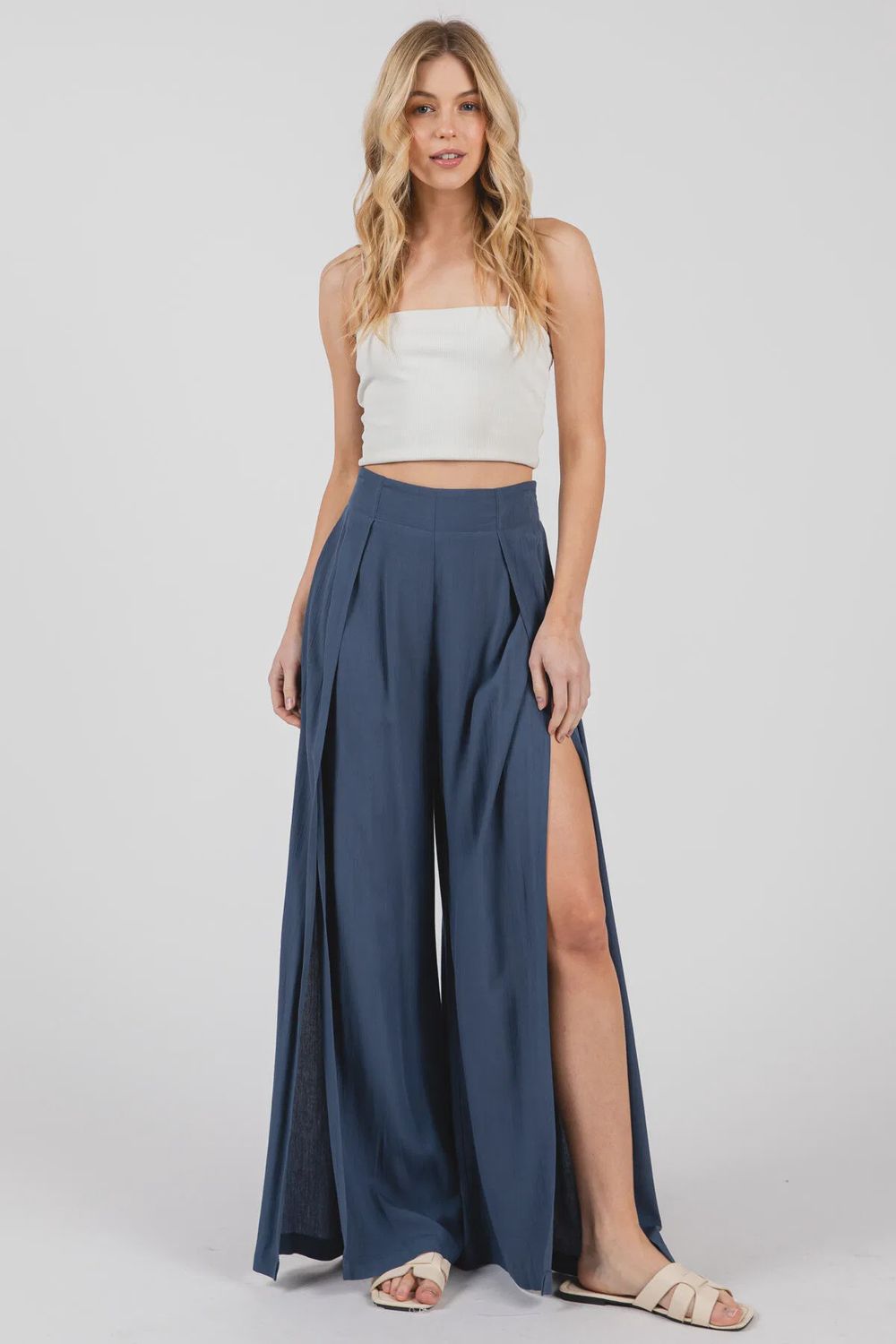 Indigo Ease – Side-Slit Flowy Pants, Size: Small
