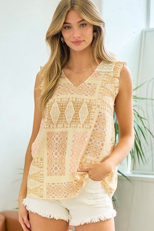 Sunset Mosaic Ruffle Sleeve Top, Size: Small