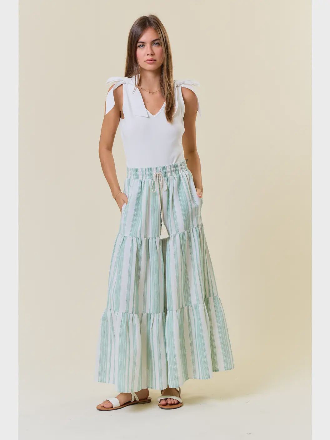 Garden Breeze Striped Tiered Maxi Skirt, Size: Small