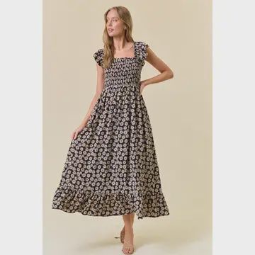 Midnight Blooms Smocked Midi Dress, Size: Small