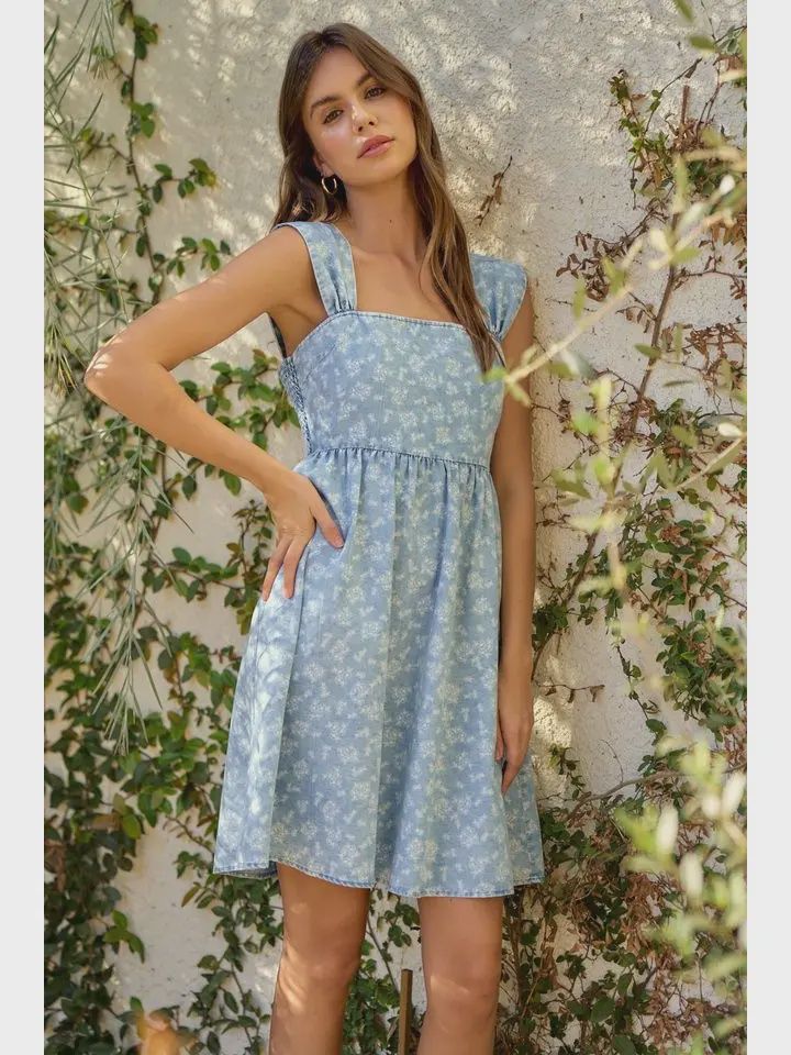 Blue Blooms Chambray Babydoll Dress, Size: Small