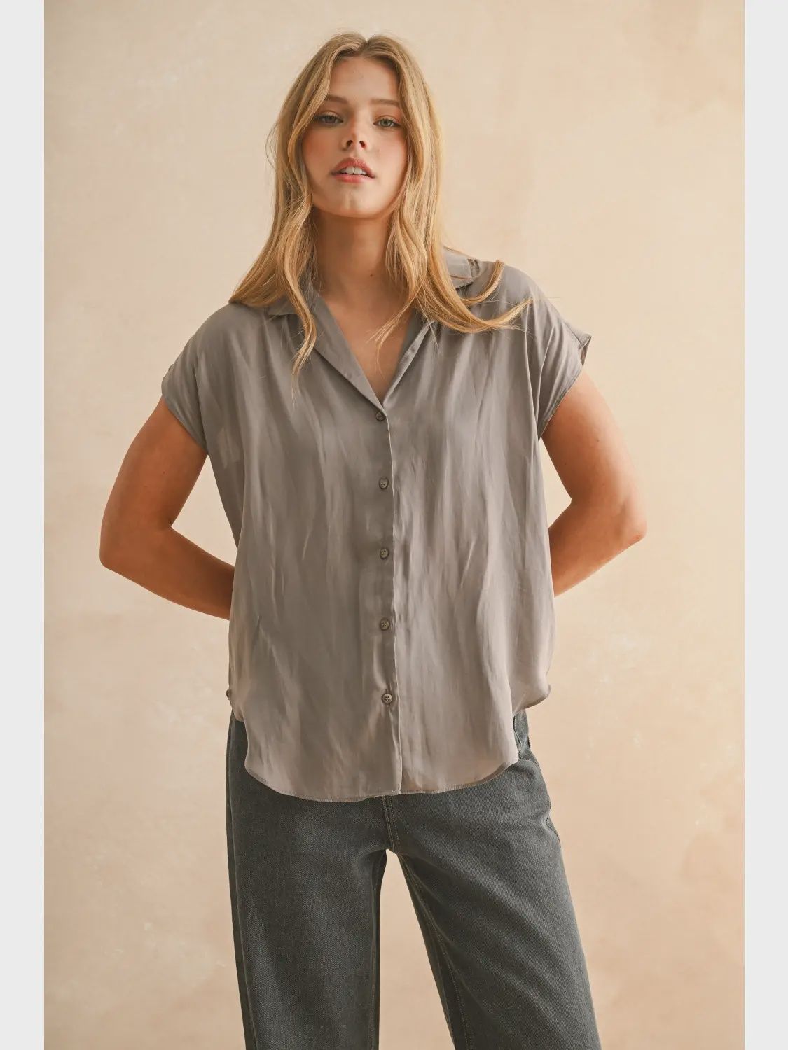 Refined Layers V-Neck Cap Sleeve Blouse, Colour: Taupe Grey, Size: Small