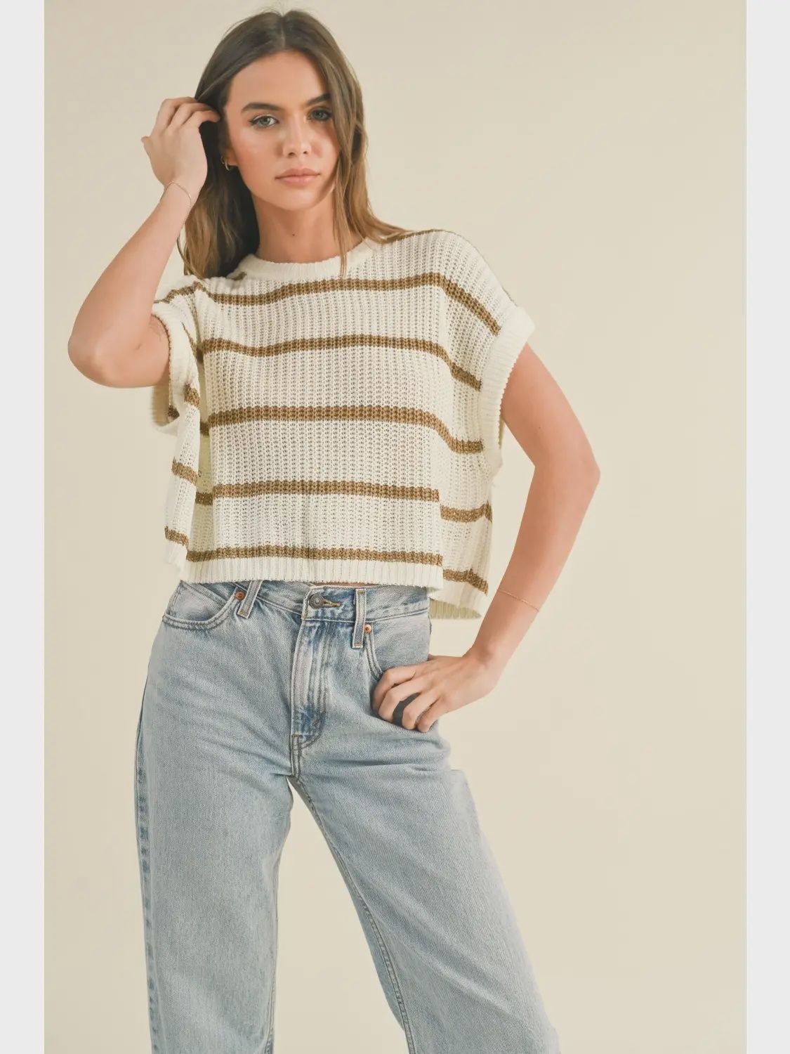 Effortless Charm Striped Dolman Knit Top, Colour: Stone, Size: Small