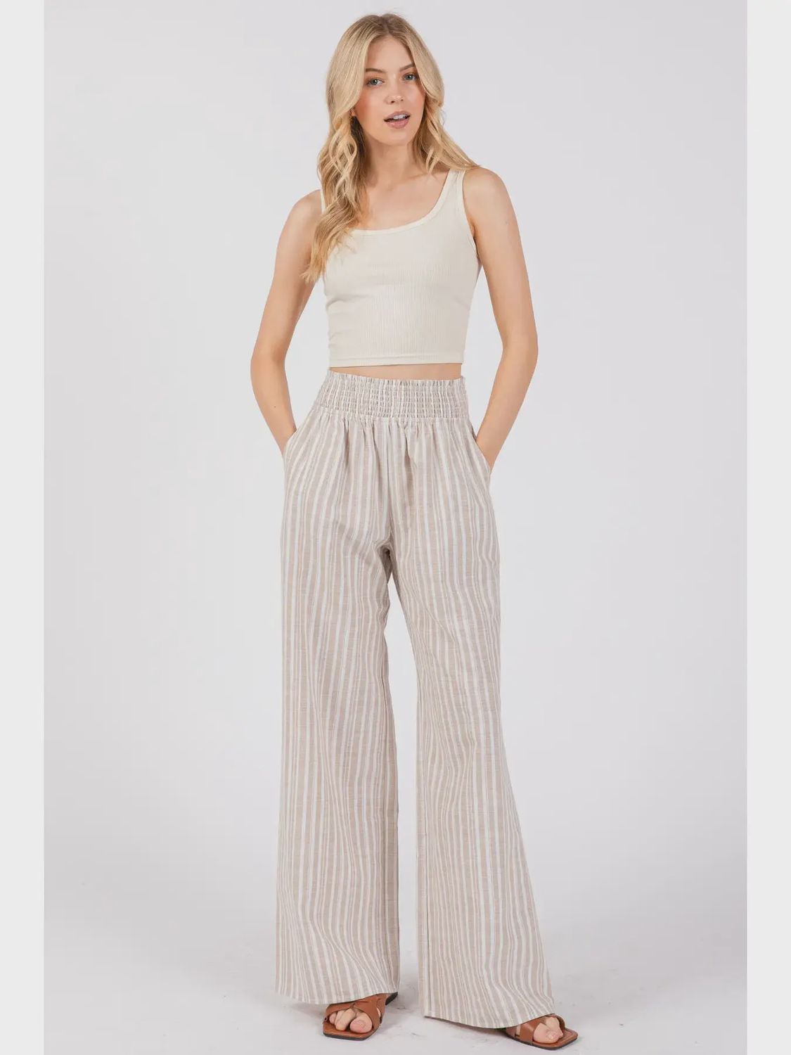 Weekend Stroll Striped Smocked Waist Pants, Colour: Taupe, Size: Small