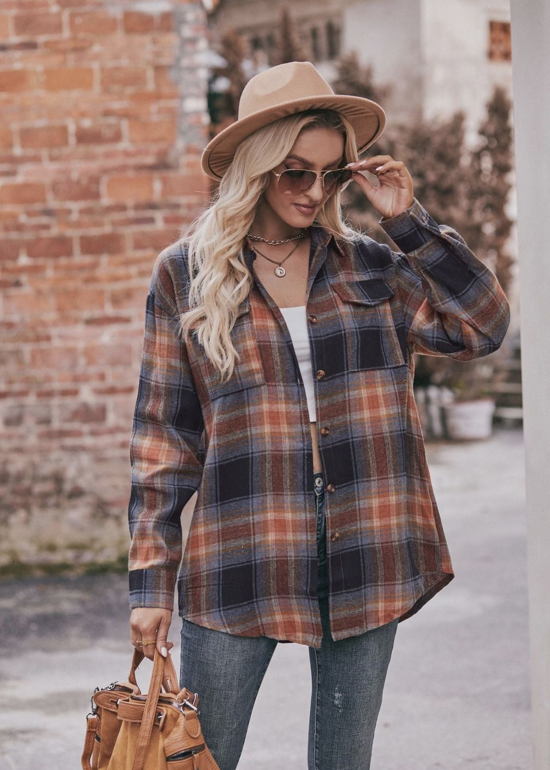 Cozy Oversized Plaid Flannel Button-Up, Colour: Khaki, Size: Small