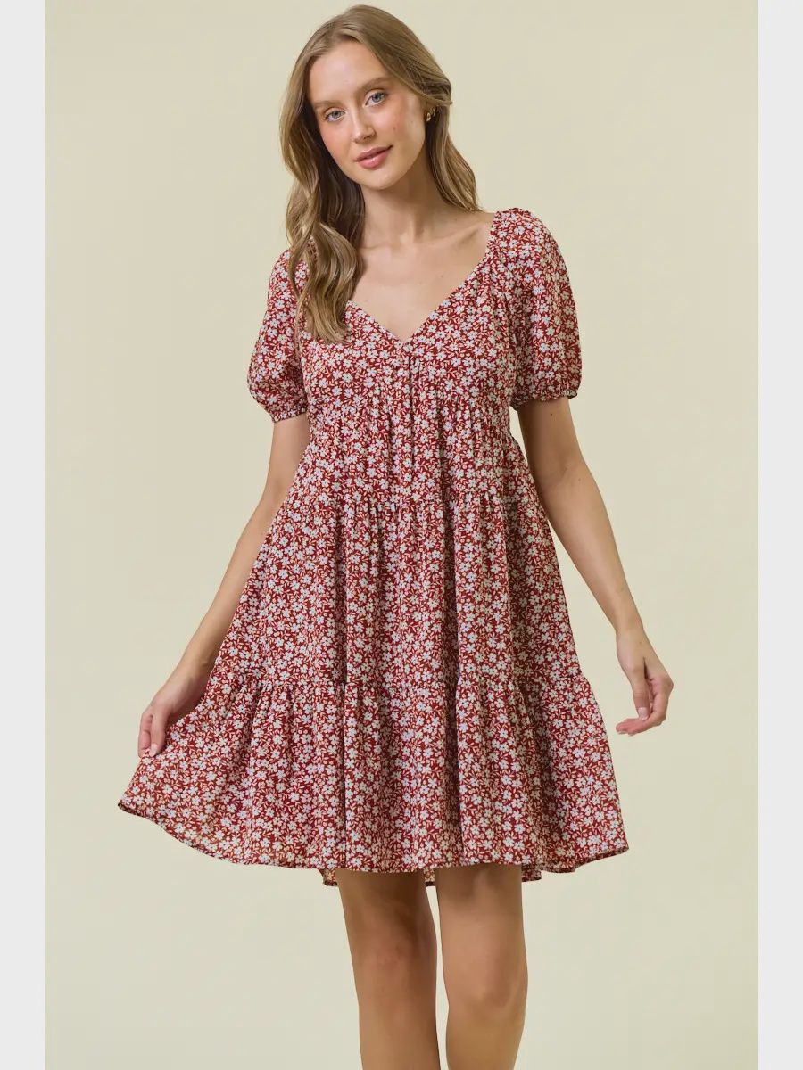 Floral Sweetheart Tiered Mini Dress with Pockets, Colour: Rust, Size: Small