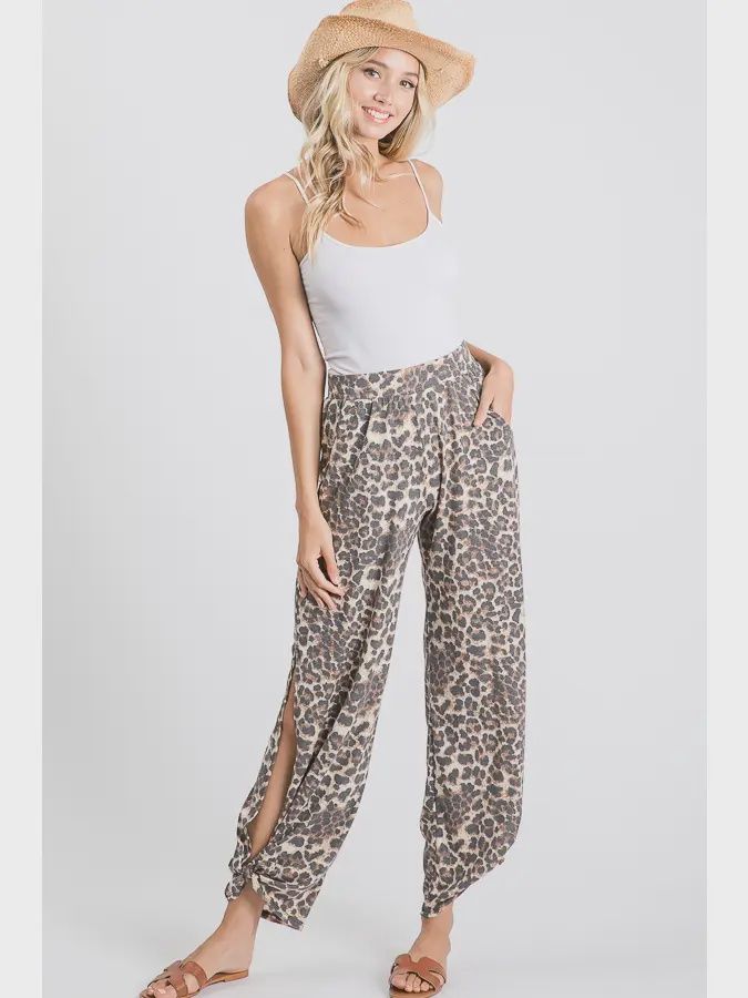 Leopard Print Split-Side Ankle Tie Pants, Size: Small