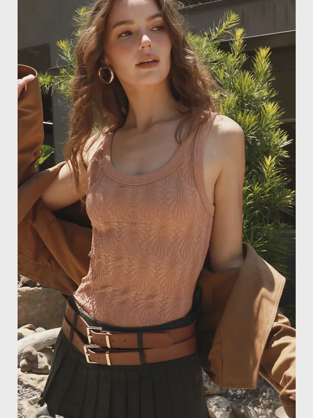 Reversible Lace Textured Tank, Colour: Mocha, Size: One Size
