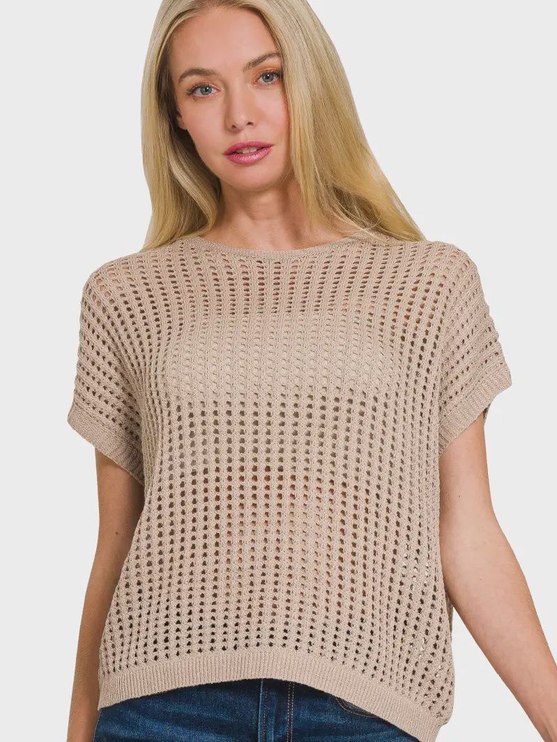 Crochet Knit Sheer Hollow Sweater, Colour: Lt Mocha, Size: Small