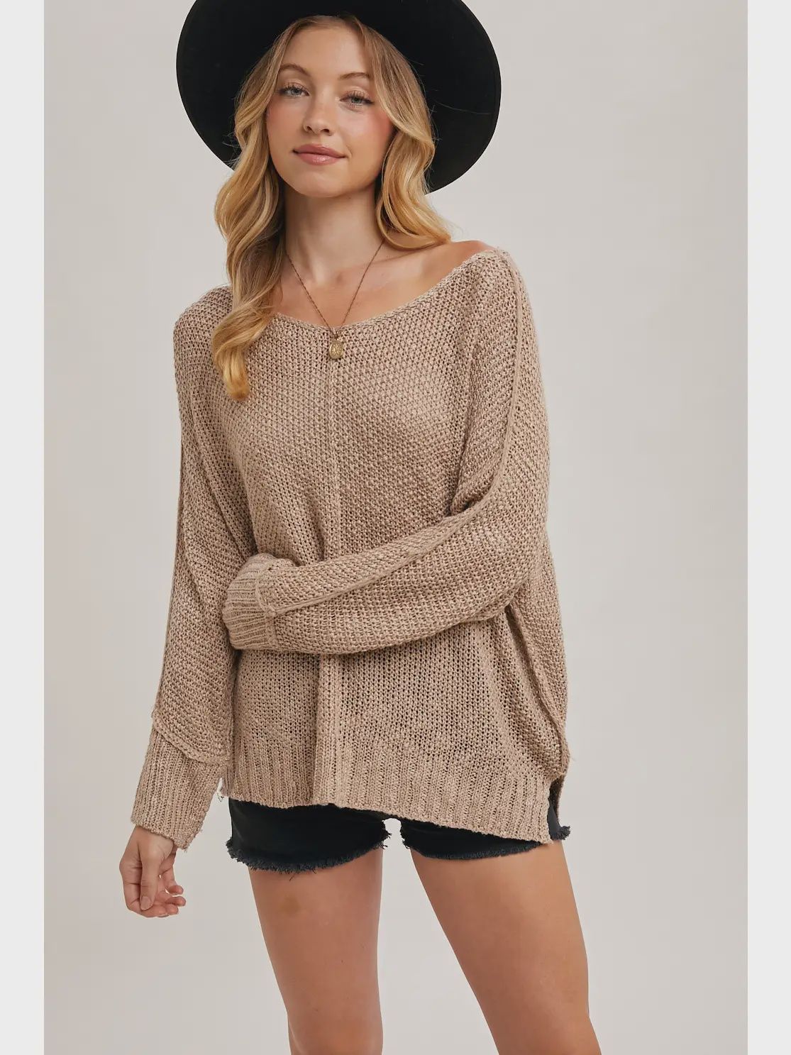 Reverse Seam Loose Fit Sweater, Colour: Taupe, Size: S/M