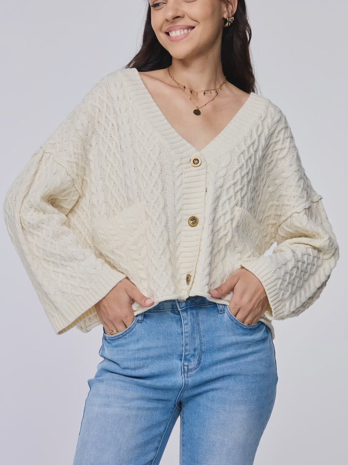 Cozy Button-Up Cable Knit Sweater, Size: Small