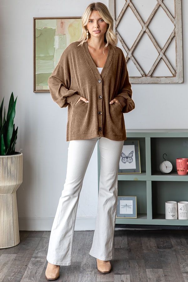 Classic Button-Front Knit Cardigan, Colour: Chestnut, Size: Small