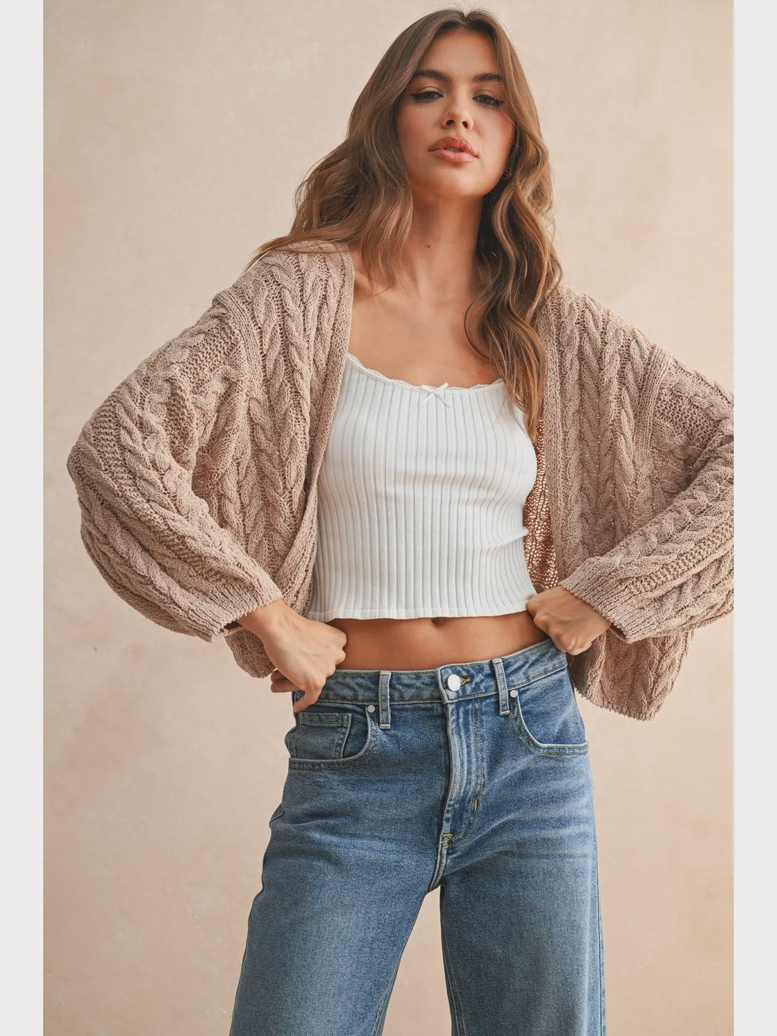 Lightweight Cable Knit Cardigan, Colour: Tan, Size: Small