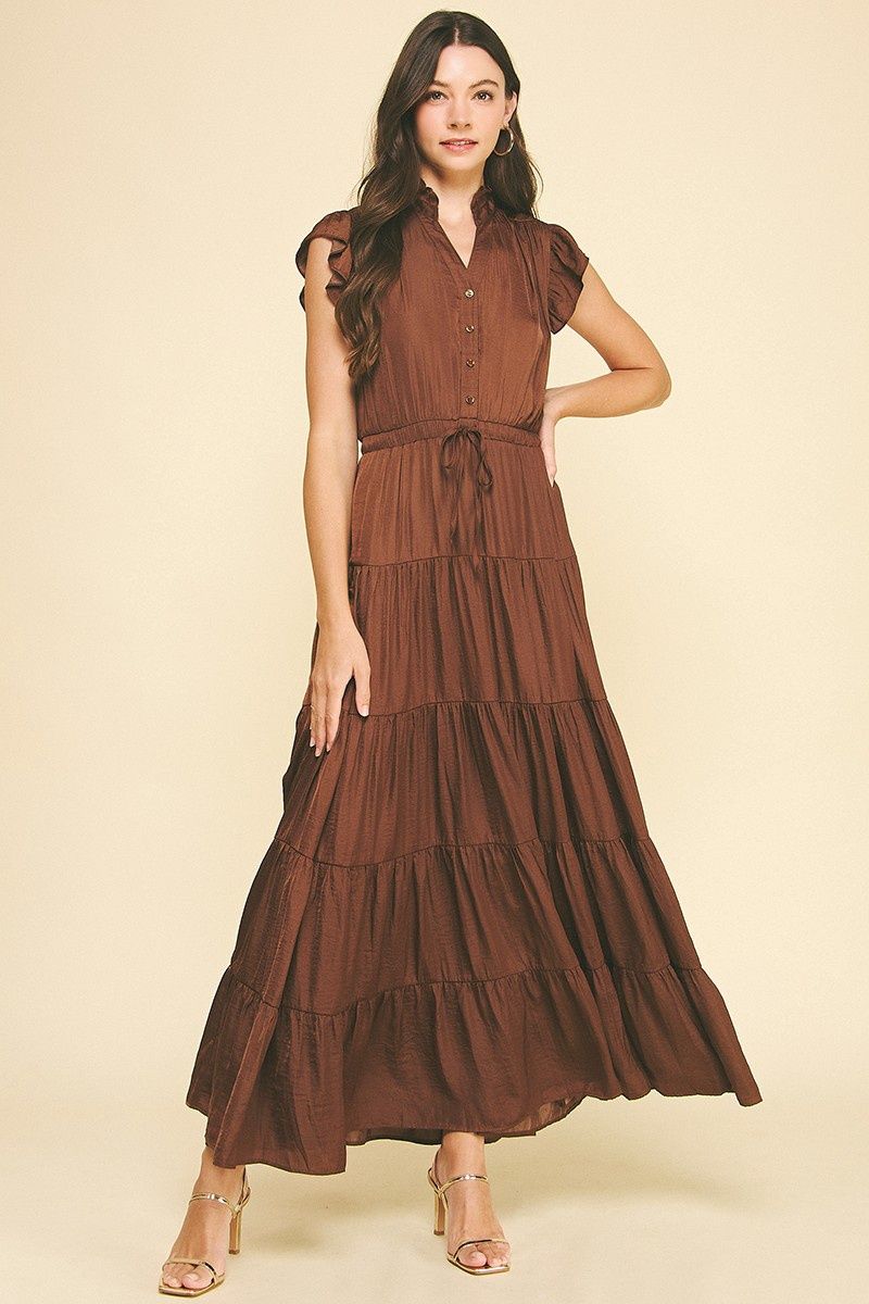 Button-Down Sleeveless Tiered Dress, Colour: Brown, Size: Small