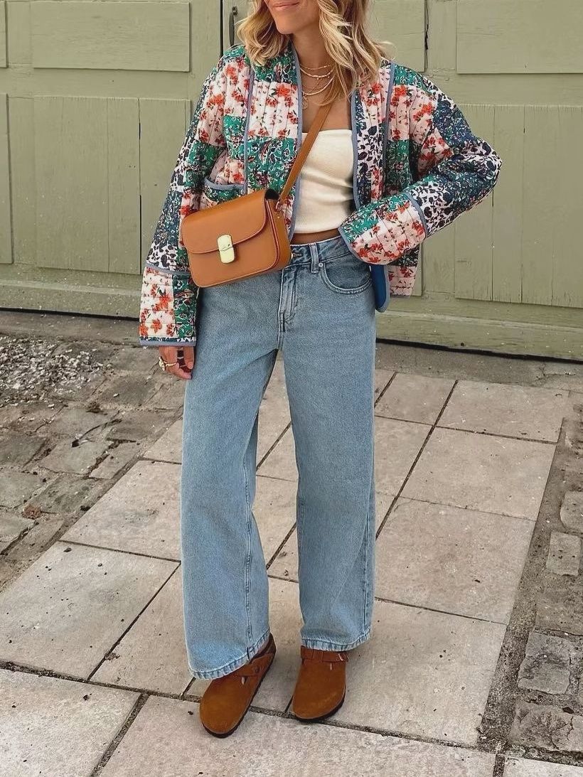 Floral Patchwork Cropped Quilted Jacket, Colour: Blue, Size: Small