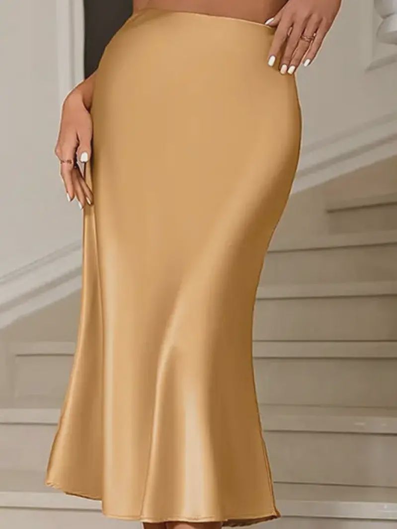 Satin Shine Midi A-Line Skirt, Colour: Gold, Size: Small