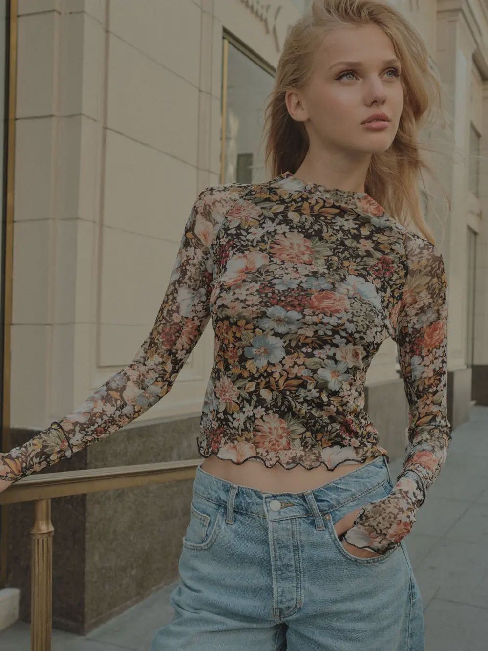 Floral Fantasy Mesh Ruffle Top, Size: Small