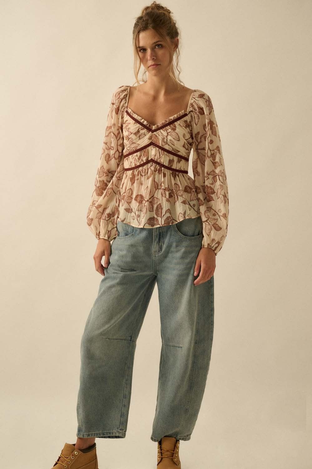 Velvet Blossom Peasant Blouse, Size: Small